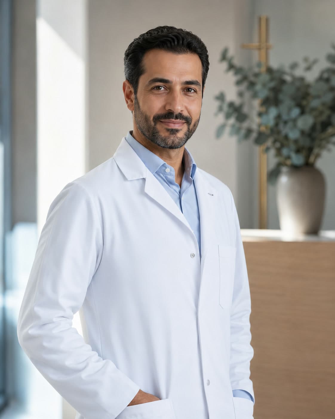 Portrait du Dr Karim Benali, chirurgien-dentiste, en blouse blanche.