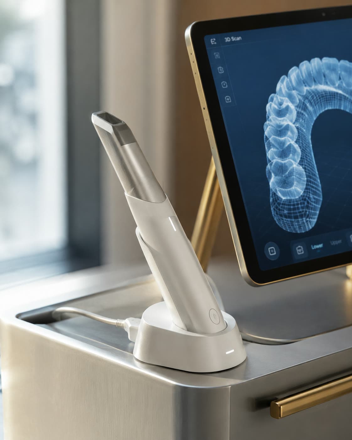 Scanner intra-oral sur sa base, empreinte numérique 3D à l’écran.